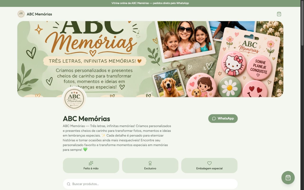Vitrine da loja ABC Memórias no computador, feita no Catálogo Pro